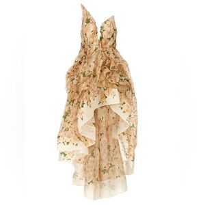 Zimmermann Strapless Floral High Low Corset Natura Draped Organza Midi Dress